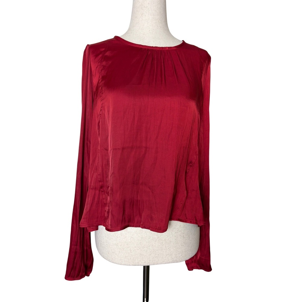 Free People Red‎ Satin Open Back Tie Blouse Long Sleeve Top XS